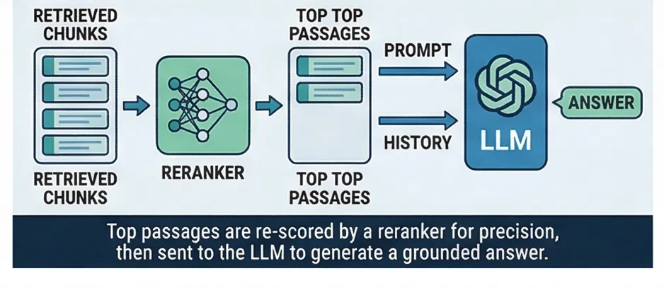 Reranking: passages scored by neural model then sent to LLM